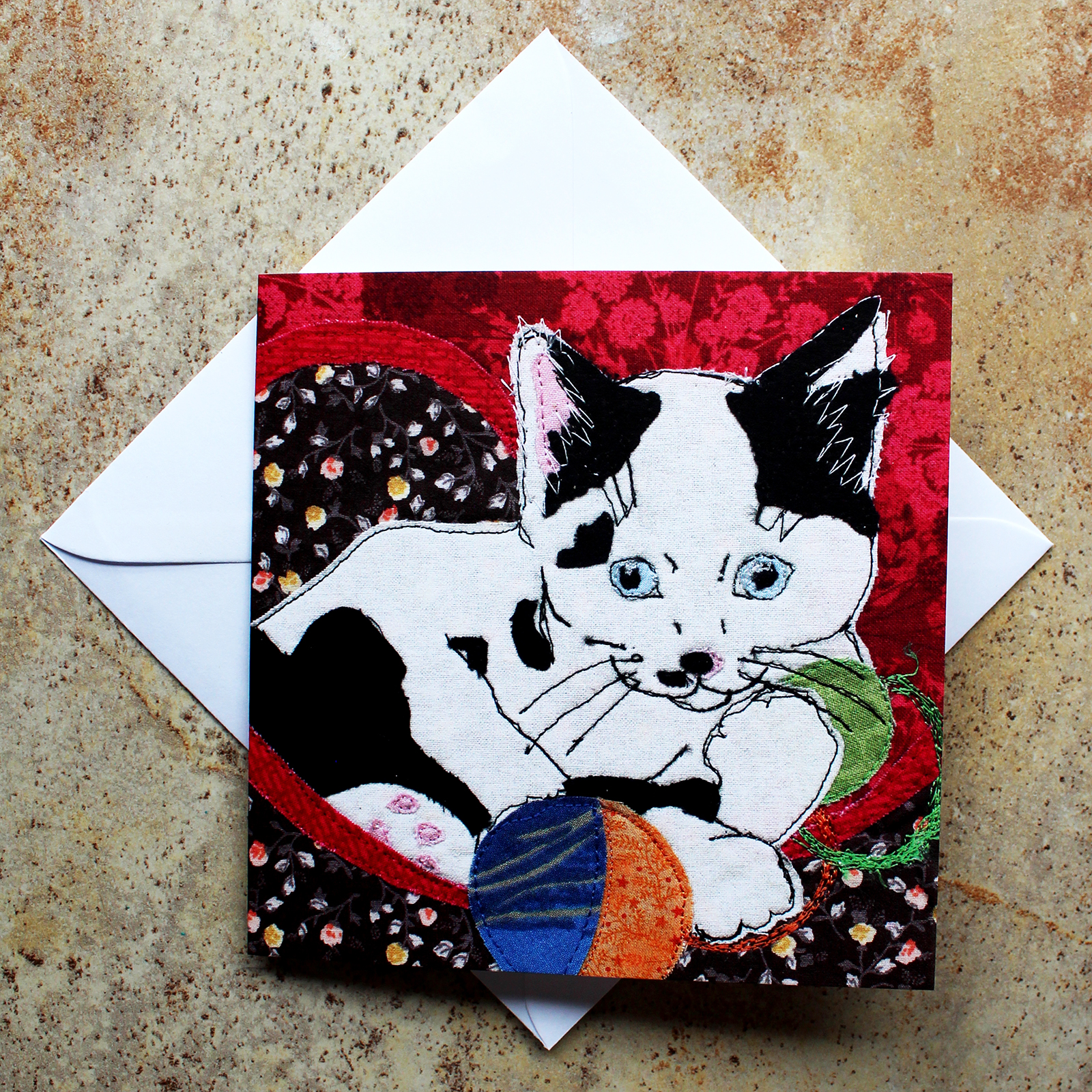 For Rory by Katerina Hasek. Greeting card featuring and applique image of small kitten.