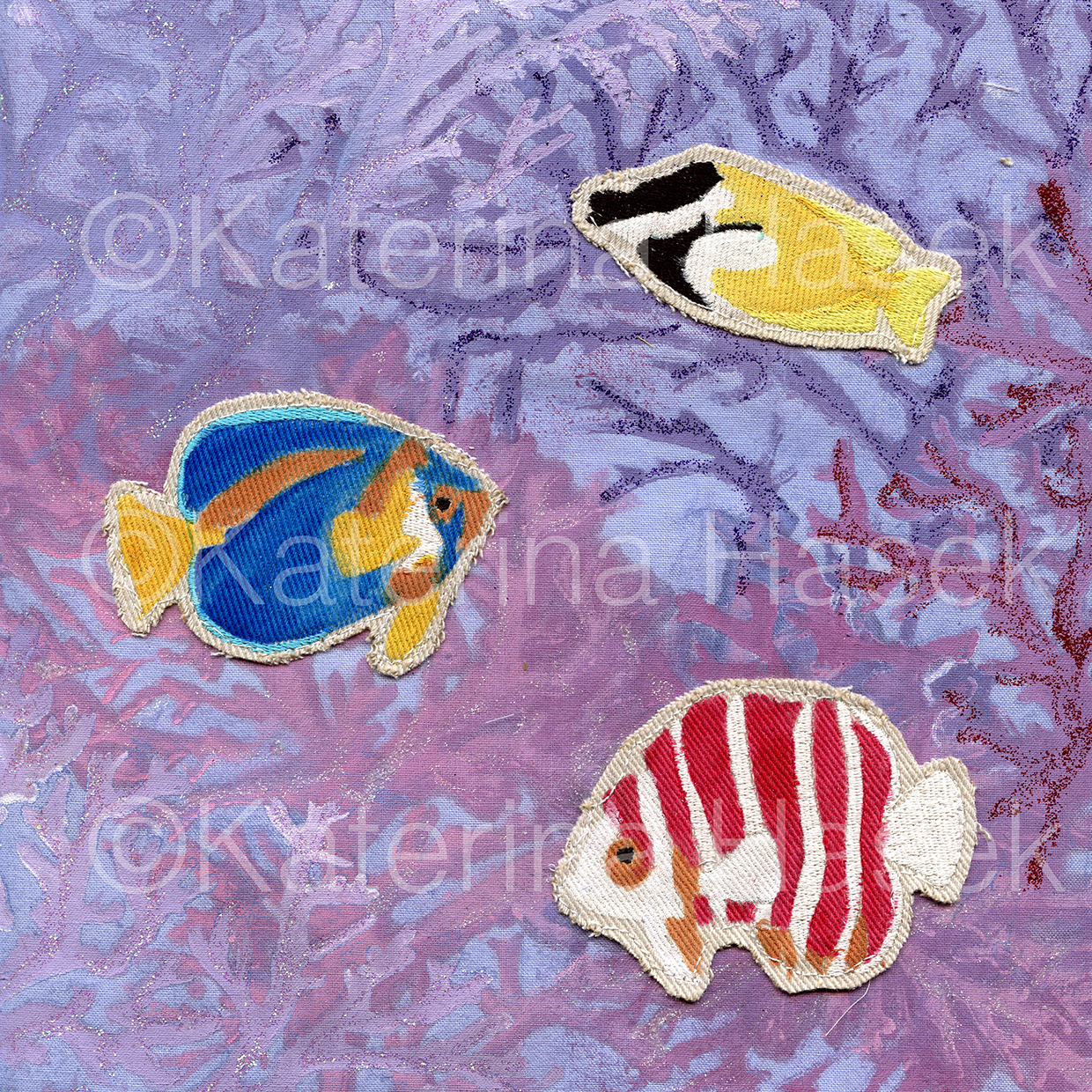 An applique image of Peppermint Angelfish, Scribbled Angelfish and Foxface Rabbitfish