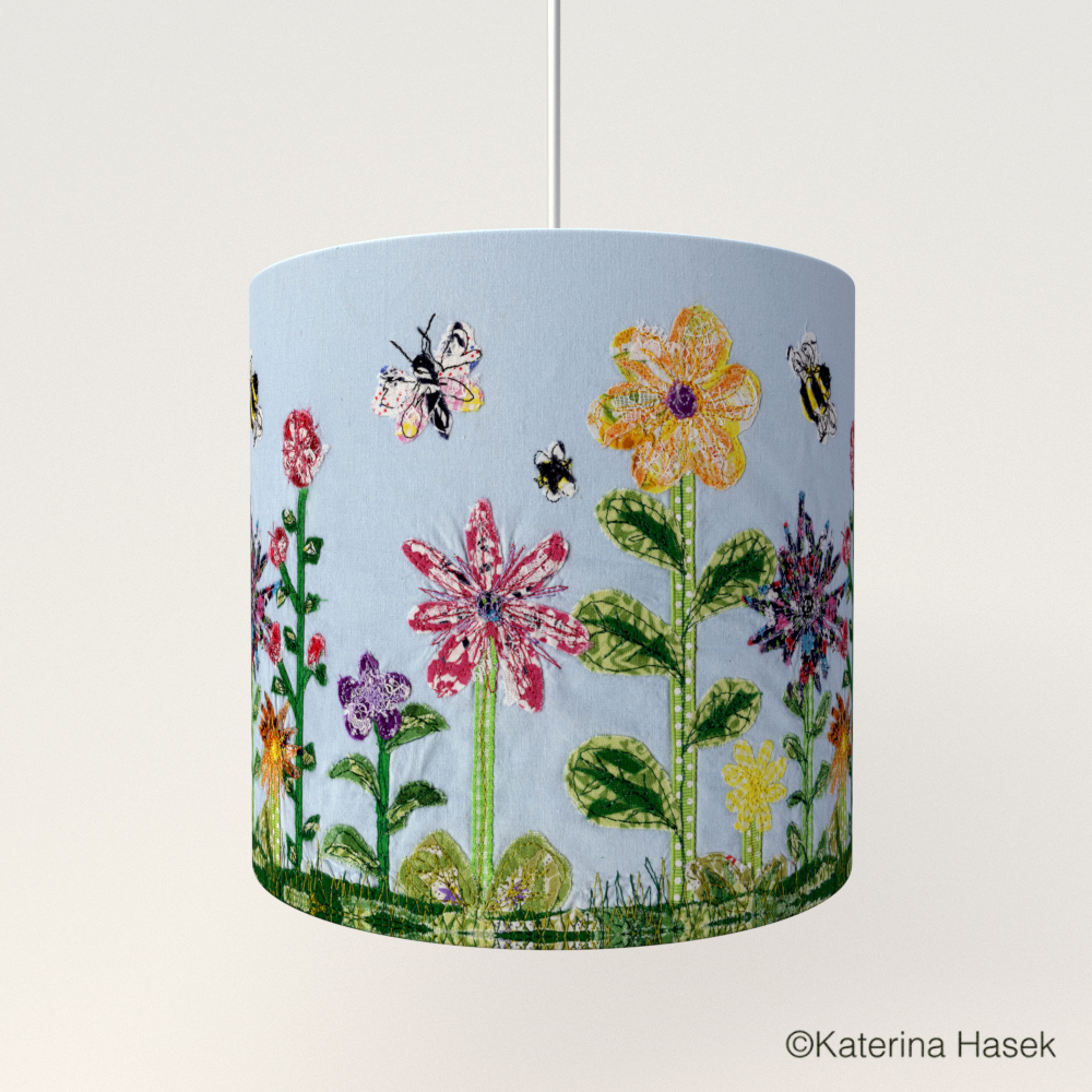 Applique floral design on drum lampshade by Katerina Hasek