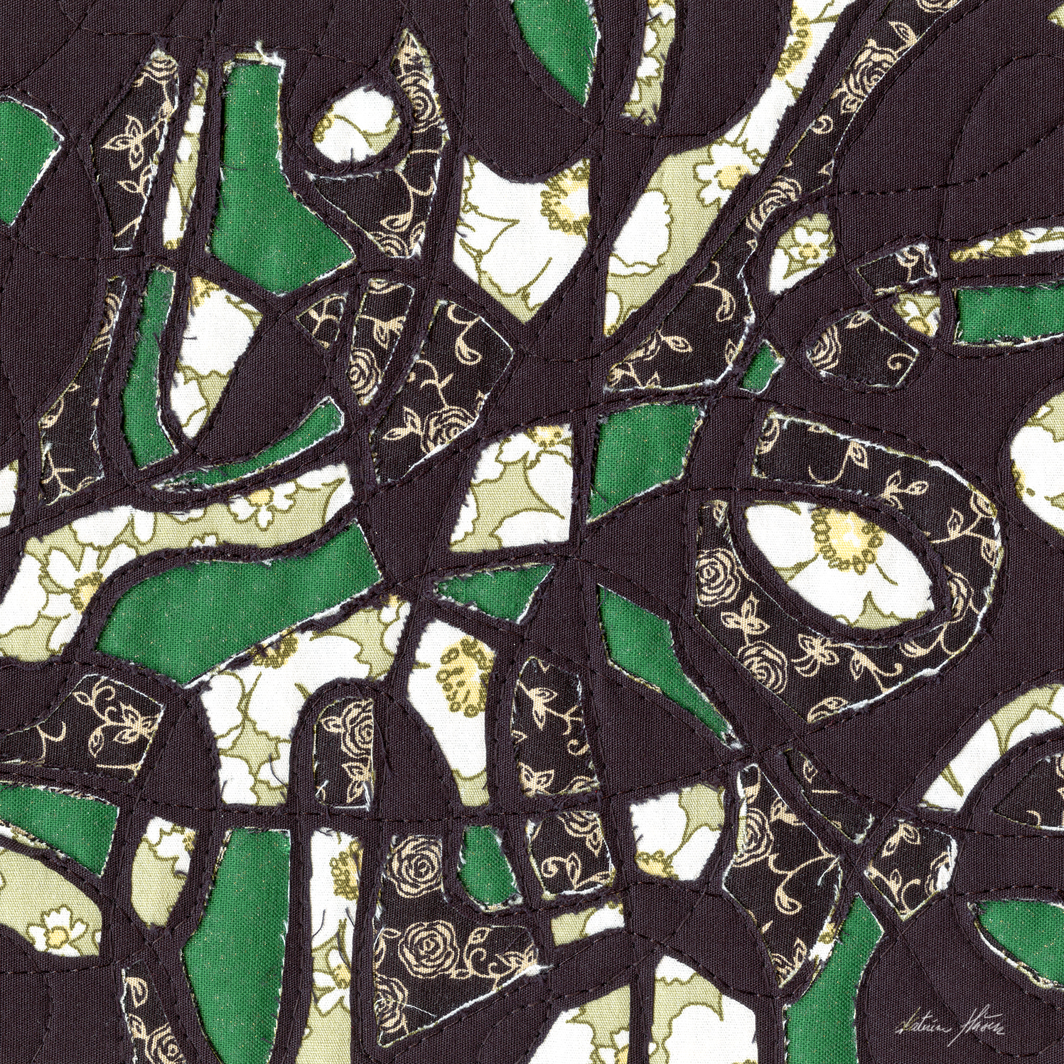 A textile artwork titled Shattered Emerald Dream created by Katerina Hasek.