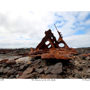 The remains of the S S Speke. Limited Edition Print of the remains of three mastered steel ship of 2,876 tons and 93 metres S. S. Speke, built in Wales, 1891, that drifted broadside on to a reef to the east of Kitty Miller Bay, Phillip Island, Australia, Victoria on 22nd February 1906.